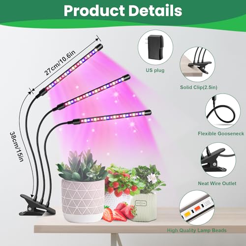 LED Grow Light, 2PCS 3 Heads Full Spectrum Plant Light with Clip | 6000K Plant Light, Timer 6/12/16Hrs, 3 Spectrums, 5 Dimmable Levels, Flexible Gooseneck - size: (2 Pack)3 Arms