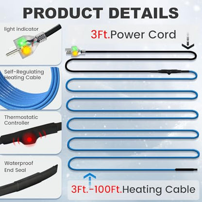 MAXKOSKO 60ft Dual Lights Self Regulating Heat Tape for Water Pipes 5W/ft | Heat Trace Cable with Thermostat, Heating Cable Freeze Protection for Metal & Plastic Pipes,Keeps Water Flowing at -40°F,120V - color: 60-feet