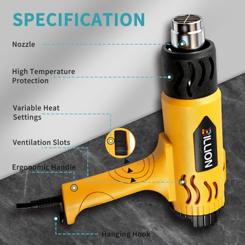 1800W Heat Gun, 100℉ to 1200℉ Heat Shrink Gun with 4 Nozzles | Variable Hot Air Gun with 2 Wind Speeds & 5 Temp Settings, 4 Nozzles For Crafts, Shrink Tubing, DIY Projects & PVC Bending - color: Yellow-4