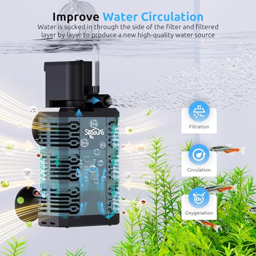 SEAOURA Quiet Internal Aquarium Filter 100GPH Water Pump for 5-15 Gallon Fish Tanks Aeration System | Built-in Aeration Oxygen System Stable Circulation Pump Detachable Washable Filter Sponge Compact Submersible Internal Design