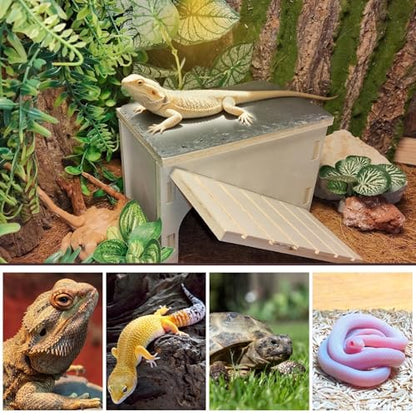 Bearded Dragon Basking Platform,Wooden Reptile Hide Cave with Slate Rock Climbing Ramp Tank Accessories for Leopard Geckos,Lizard,Snake,Tortoise (Small) - size: S:7.1×4.7×4.3"