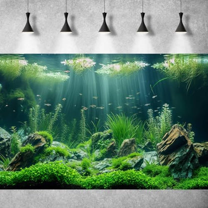 Underwater Aquarium Background Lush Green Aquatic Plants Fish Tank Background Rocks Stones with Moss Under The Sea Terrarium Background Tropical Underwater World Theme Aquarium Backdrop 24x12in - color: Green, size: 24(W)x12(H)in