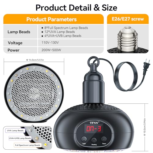 Chicken Coop Heater Lamps,200W-350W-500W Reptile Heating Lamp Upgraded with UVA UVB Ligh 3-6-9-12H Timer,Protable Greenhouse Heater for Outdoor Chicken Coop for Reptile Rabbits Dog Cats (5.2 Inch)