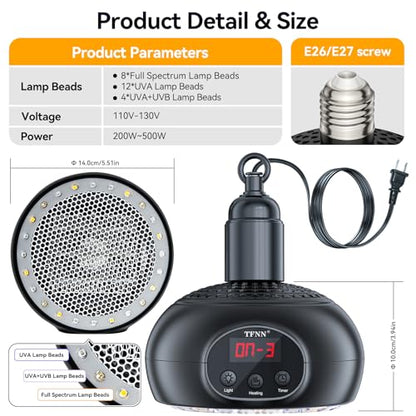 Chicken Coop Heater Lamps,200W-350W-500W Reptile Heating Lamp Upgraded with UVA UVB Ligh 3-6-9-12H Timer,Protable Greenhouse Heater for Outdoor Chicken Coop for Reptile Rabbits Dog Cats (5.2 Inch)