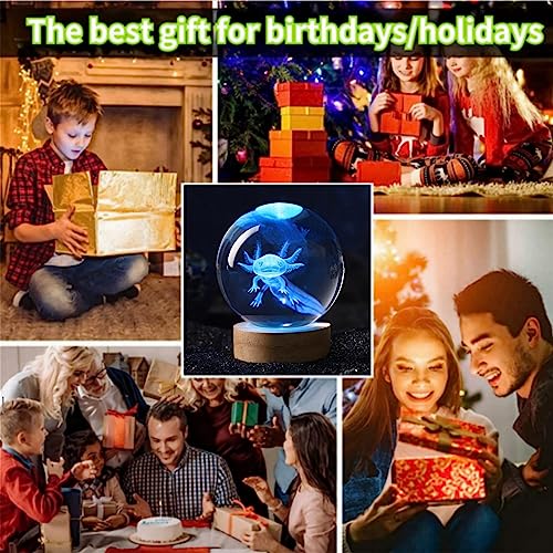 axolotl lamp,3.15 inch 3D K9 Crystal Ball Axolotl Night Light with Wooden Base,16 colors change,remote control,color box,Birthday Christmas axolotl Gift