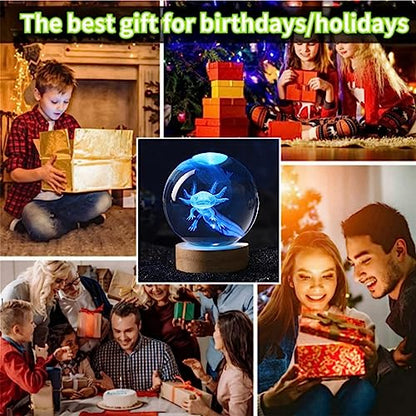 axolotl lamp,3.15 inch 3D K9 Crystal Ball Axolotl Night Light with Wooden Base,16 colors change,remote control,color box,Birthday Christmas axolotl Gift