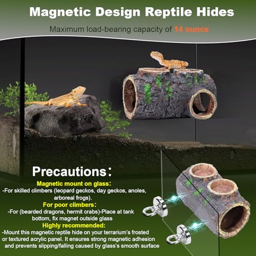 MECESOR Magnetic Reptile Hide with Waterer & Feeder Trough,Resin Hollow Tree Gecko Hideout Cave,Non-Toxic Climbing Toy Terrarium Decor for Green Anole,Tree Frog Climbing Accessories,Grey