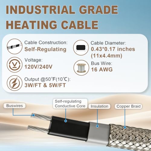 HEATIT Industrial Bulk Heat Cable 5W/ft for Metal & Plastic Pipes 50ft 120V | Provides self-regulating heat to help reduce unnecessary energy use. Safe to overlap without creating hot spots. - color: 5W-120V, style: 50 Feet