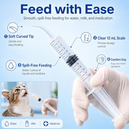 Silicone Feeding Nipple and Syringes for Newborn Kittens, Puppies, Small Animals,3 Size Nipple+3ML/10ML /12ML Feeding Syringe