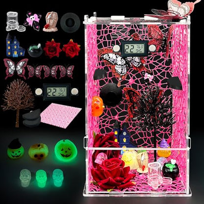 Jumping Spider Enclosure,DIY Insects Habitat,Small Reptile Terrarium Glass House Accessories Set,with Temperature and Humidity Detector Water Feeder Platform Hide,5.5“x5.5”x9.5“ (Pink) - color: Pink