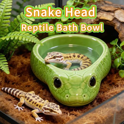 Reptile Water Dish, Ceramic Snake Water Bowl for Snake, Leopard Gecko, Bearded Dragon and Lizard, Reptile Bathing Pool Food Feeding Dish, Terrarium Tank Accessories (Cyan) - color: Cyan