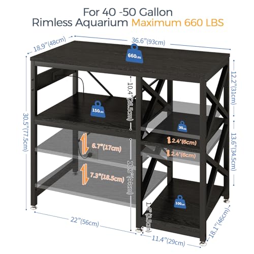 METYERRY 40-50 Gallon Fish Tank Stand with Power Outlet,Adjustable Shelf | 3 Tier Storage,660 LBS Heavy Duty Steel Frame, Fits Fish Reptile and Turtle Tanks, Stable Home Aquarium Setup - color: Black, size: 40-50gallon