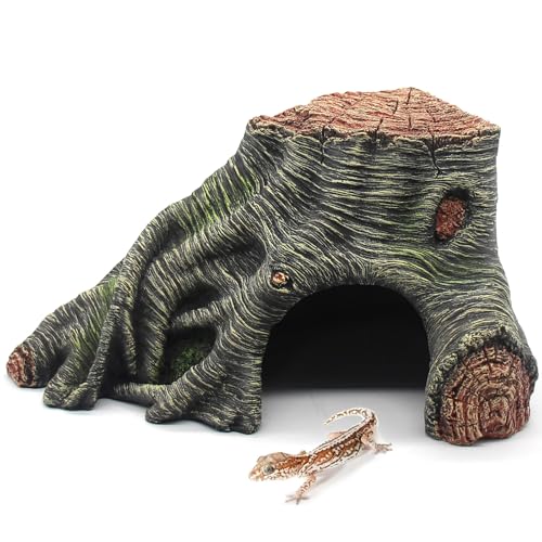 Reptile Hideouts Cave Habitat Decor, Hollow Tree Climing Ramp Basking Platform for Reptiles, Amphibians, Fish Tanks and Leopard Gecko, Snake, Lizard