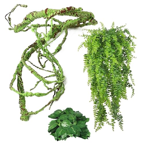 kathson 3 PCS Reptile Vines Plants Flexible Bendable Jungle Climbing Vine Terrarium Plastic Plant Leaves Pet Tank Habitat Decor for Bearded Dragons Lizards Geckos Snakes Frogs and More Reptiles - size: 3 PCS
