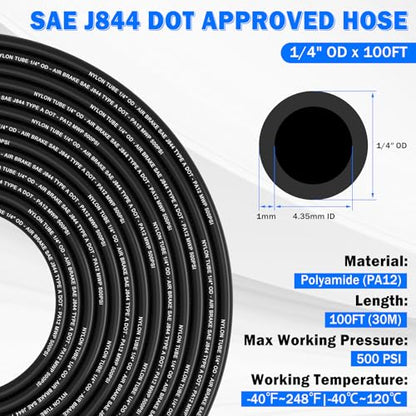 1/4" Air Line Tubing Kit,100 FT(30m)1/4 Inch DOT Air Line SAE j844 PA Nylon Air Hose Quick Connect Fittings with Cutter and Teflon Tape,1/4" Air Hose Kit for Pneumatic System Or Fluid Transfer(27 PCS) - size: 27PCS & 100FT 1/4" Air Line