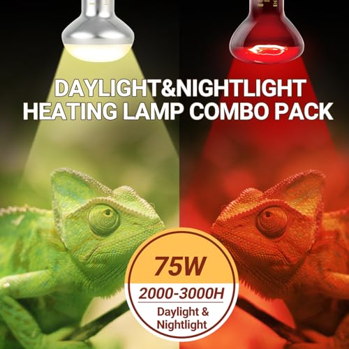 Reptile Heat Lamp Blub, 2Pack 75W Day & Night Reptile Heat Lamp,UVA Daylight Heat Basking Bulbs Infrared Heats Light Bulb for Reptiles Bearded Dragon Lizard Turtle