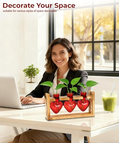 Plant Terrarium with Wooden Stand, 3 Heart Bulb Glass Vases | Wooden Stand Tabletop for Air Planter, Gifts for Mom Plant Lovers Mom Women Wife Grandma - color: Red
