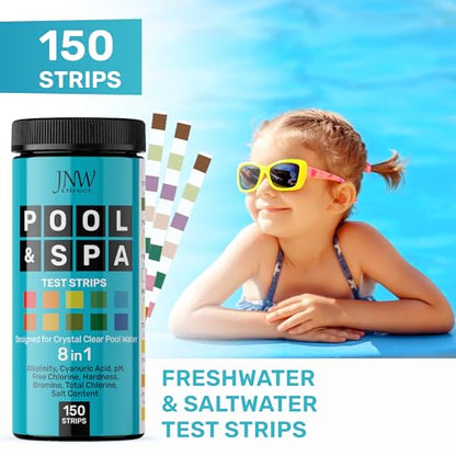 Pool Test Strips 8-in-1, 150 Quick and Accurate Pool and Hot Tub Test Strips - Pool Water Testing Kit for Chlorine, Bromine, pH, Hardness, More - All in 1 Swimming Pool Test Strips by JNW - style: 150 STRIPS - 8 IN 1 POOL TEST STRIPS