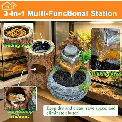 PurifyLogix 3in1 Reptile 550ML Waterfall Fountain with Food Dish & Hideout | Adjustable Flow Drinking Fountain for Bearded Dragon, Water Dispenser, Gecko, Lizard, Chameleon, Natural Resin