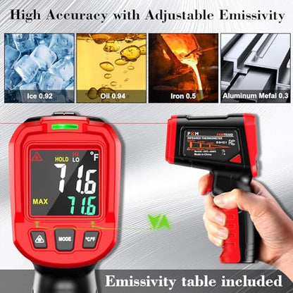 FKM Infrared Thermometer Gun Non Contact Laser Thermometer Gun-58°F~1112°F | (-50°C~600°C)Digital IR Temperature Gun for Kitchen Cooking,Griddle,Pizza Oven,HVAC,Engine,Industrial,Adjustable Emissivity - color: Red