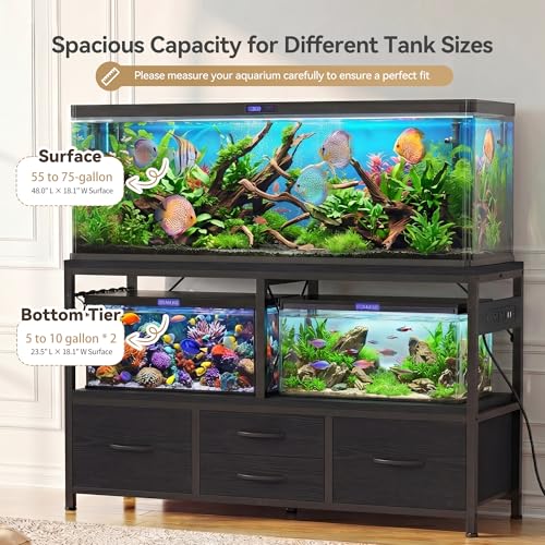 Heybly 55-75 Gal Fish Tank Stand with Drawer, Power Outlet, Black HAS005BK | Aquarium Stand, Heavy Duty, for Fish Tank, Turtle & Reptile Terrarium, 48" L × 18.1" Top, 660lbs (Top)+400lbs(Mid) - color: Black, size: 55-75 gal