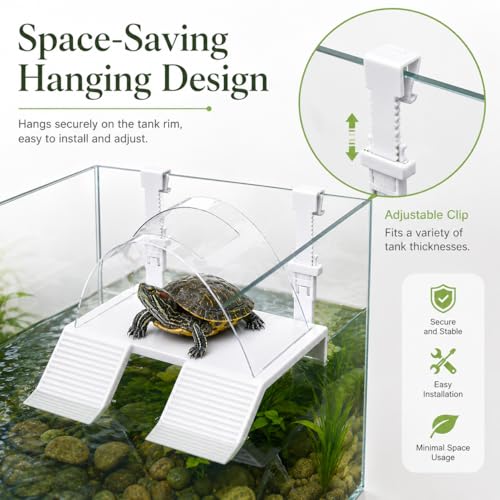 Turtle Basking Platform for Aquatic Turtles, Hanging Turtle Tank Accessories with Textured Ramp, Feeding Tray and Adjustable Clips, Space-Saving Aquarium Dock for Red-Eared Sliders, Frogs