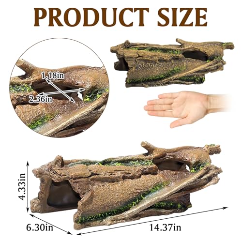 Fhiny Reptile Hides and Caves Resin Hollow Tree Trunk for Terrarium Lizard Hideout Aquarium Fish Hideaway Gecko Tank Accessories for Lizards Chameleons Bearded Dragons Hermit Crabs Frogs (Large)