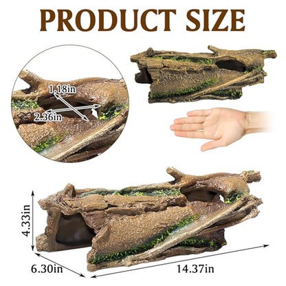 Fhiny Reptile Hides and Caves Resin Hollow Tree Trunk for Terrarium Lizard Hideout Aquarium Fish Hideaway Gecko Tank Accessories for Lizards Chameleons Bearded Dragons Hermit Crabs Frogs (Large)