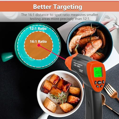 Infrared Thermometer Gun -58°F to 1292°F, Non Contact Laser Temperature Gun with 16:1 D:S, Adjustable Emissivity, Max Min Avg, High/Low Alarm for Pizza Oven Grill HVAC Auto