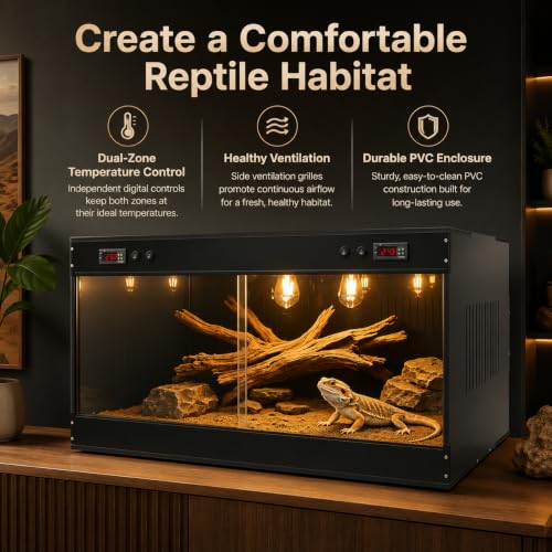 Reptile Tank Terrarium 39.4 x 19.7 x 19.7 in, Dual Digital Temperature Control PVC Reptile Enclosure with Semi-Clear Front Window & E27 Lamp Holders for Geckos, Snakes, Turtles, Bearded Dragons, Black