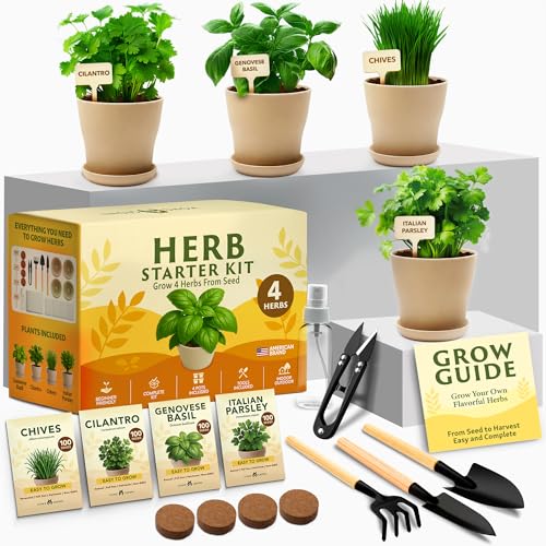HOME GROWN Herb Garden Planter Indoor Kit – Unique Christmas Gift for Adults, Men, & Women - Grow 4 Heirloom Herb Seeds on Kitchen Window – Beginner DIY Craft & Hobby Gardening Gift for Plant Lovers - style: Starter Herb Grow Kit