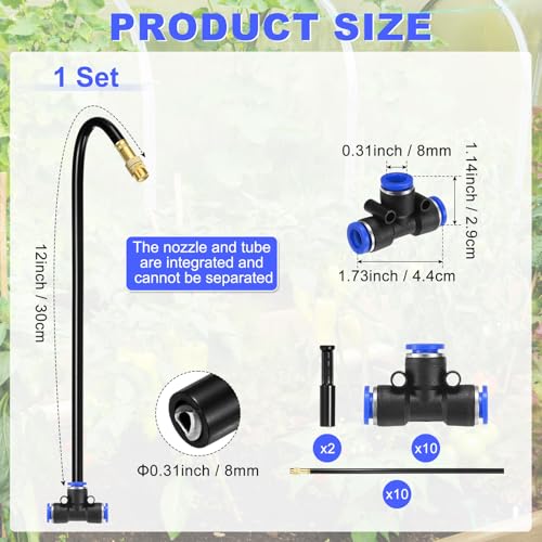 M METERXITY 1-Set Brass Misting Nozzles Tees, 12inch/30cm Tube Len 3-in-1(Dripping, Spraying, Shutoff) Adjustable Copper Water Mister Sprayer for 0.31"/8mm Tubing Irrigation [Gold Tone/Black] - size: 12inch/30cm