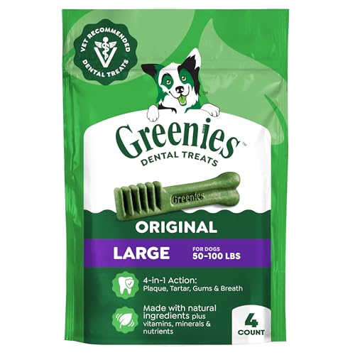 Greenies Large Natural Dental Dog Treats, Original Flavor, 4 Count | Veterinarian-recommended, cleaner teeth after 28 days, clean to gumline, for dogs 50-100 lbs, original chicken flavor - size: 4 Count (Pack of 1)