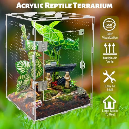 Large Jumping Spider Enclosure, Acrylic Ventilated Terrarium with Magnetic Front and Top Doors, 8.5x8.5x12 Inch, Transparent, Lockable (Large Size) - size: Large Size