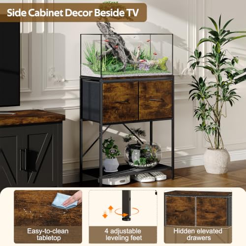 5-20 Gallon Fish Tank Stand, 3-Tier Heavy Duty Metal Aquarium Table | Vintage Wood Reptile Tank Stand with Drawers for Living Room & Office, 200LBS Capacity, 24.8x12.6x31.5 In