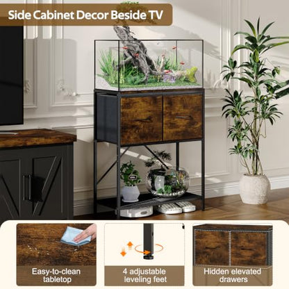 5-20 Gallon Fish Tank Stand, 3-Tier Heavy Duty Metal Aquarium Table | Vintage Wood Reptile Tank Stand with Drawers for Living Room & Office, 200LBS Capacity, 24.8x12.6x31.5 In