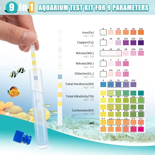 Umlecoa 9 in 1 Aquarium Test Kit for Freshwater and Saltwater - 100 Aquarium Test Strips with Test Tube & Thermometer - Fast & Accurate Water Testing Strips for Aquarium/Pond/Pool - size: 9 IN 1