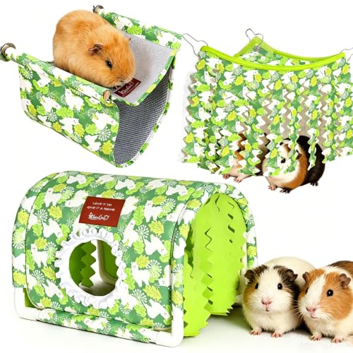 Guinea Pig Hideout Bottomless Guinea Pig Tunnel with Curtain | Large Guinea Pig Hide Washable Small Animal Tunnel Hide Guinea Pig Accessories for Dwarf Rabbit(GreenAlpaca setof3, Large) - color: GreenAlpaca setof3, size: Large