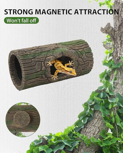 Magnetic Crested Gecko Hideout - Resin Hollow Log Cave, Reptile Hide Cave, Reptile & Amphibian Habitat Hide, Terrariums Decor
