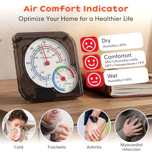 Kathfly 6 Pcs Indoor Thermometer and Humidity Gauge Indoor Mini Thermometer Hygrometer Temperature Humidity Meter Temperature and Monitor with Pointers for Home, Kitchen, Planting Room (Black) - size: Black
