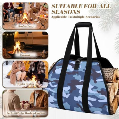 Urban Camo Print Firewood Log Carrier Foldable Wood Sack | with Reinforced Handles, Lightweight Portable, Large Capacity, for Camping and Backyard Parties - color: Navy Light Blue Urban Camo Print
