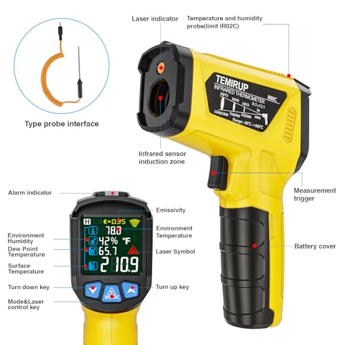 Infrared Thermometer Temperature Gun, -58°F to 1472°F, Digital Laser Thermometer Gun with Probe for Cooking, Pizza Oven, Grill & Engine, IR Thermometer Temp Gun with Adjustable Emissivity & Humidity - color: Yellow -58℉~1472℉(-50℃~800℃)