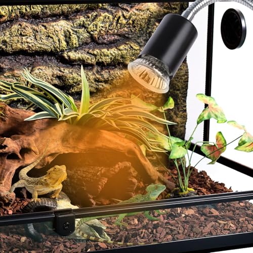 LUCKY HERP Reptile Heat Lamp with Clamp, Aquarium Turtle Tank Basking Light with 360° Rotatable Timing & Dimming and 2 Pack 50W UVA UVB Heat Light Bulb for Turtle Tortoise Lizard - size: 50+50