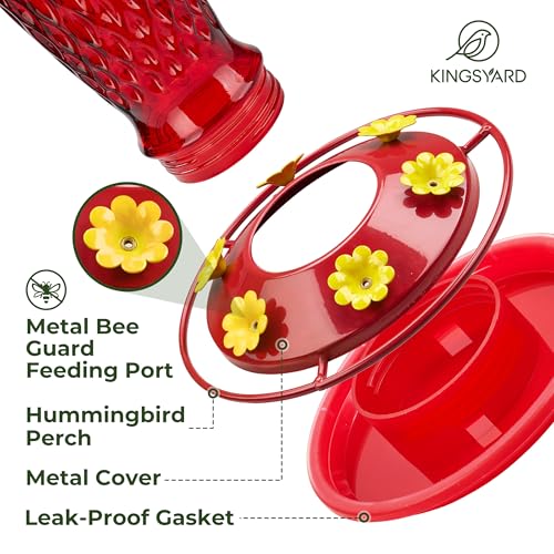 Kingsyard Glass Hummingbird Feeder for Outdoors with Ant Moat | 24 oz, Wide-Mouth Opening, 6 Metal Feeding Ports, Bee Guard, Easy to Clean & Refill Nectar, 360 Degree Perch, Red - color: Red