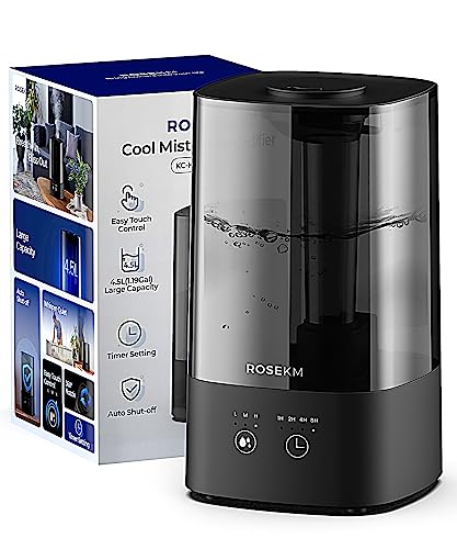 ROSEKM 4.5L Humidifiers for Bedroom, Humidifiers for Home Large Room, Cool Mist Humidfiers for Baby and Plant with Timer, Adjustable Mist Level, 360° Nozzle, Auto Shut-Off, Black - size: 4.5L