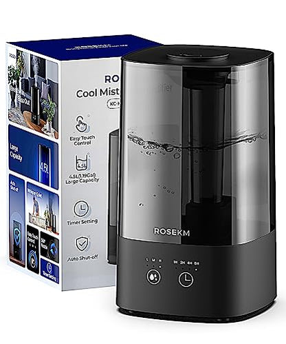 ROSEKM 4.5L Humidifiers for Bedroom, Humidifiers for Home Large Room, Cool Mist Humidfiers for Baby and Plant with Timer, Adjustable Mist Level, 360° Nozzle, Auto Shut-Off, Black - size: 4.5L