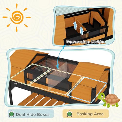 PawHut Tortoise Habitat with Adjustable Lamp Holder, Attached Tray Yellow | Wooden Tortoise Enclosure, Storage Shelf, Dual Main Houses, Openable Lid - color: Yellow