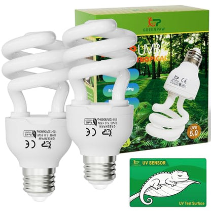 UVB Light for Reptiles 5.0: 15W UVA UVB Reptile Light Bulb 2 Pack, Tropical Reptile UVB Bulb Compact Fluorescent Terrarium Lamp,UVB Light Bulb for Chameleon Turtle Gecko Include UV Sensor Card - size: 5.5INCH-5.0