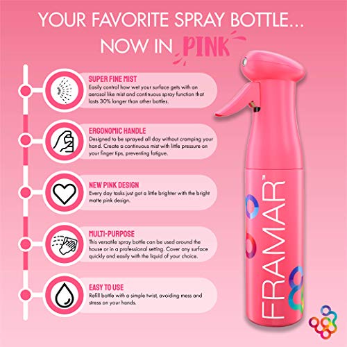 FRAMAR Premium Hair Mister Spray Bottle, Continuous Spray Bottle For Hair | Water Sprayer, Continuous Mister for Salon Supplies, Ultra Fine Mist, Pink 250 ml - color: Pink