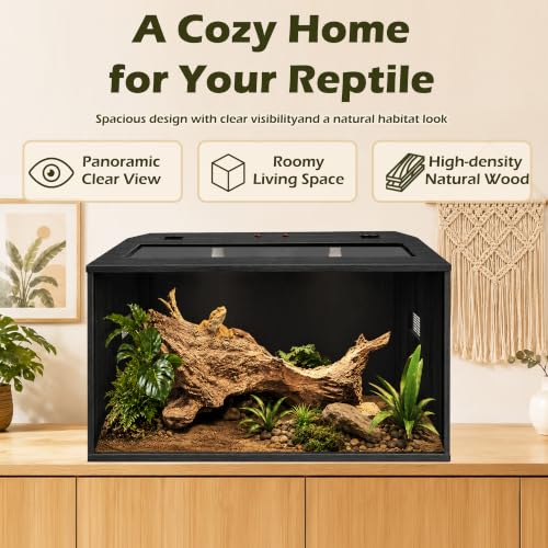 Bearded Dragon Tank, Reptile Enclosure, Tempered Glass Lizard Tank, Bearded Dragon Enclosure with Built-in Lamp Fixture and Wooden Roof for Chameleon (24x16x16 Inch, Black) - color: Black, size: 30 gallons